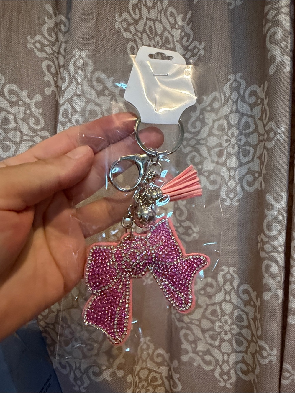 Fashion Jewelry Pink Beaded Bow with Rose Keychain/ Bag Charm NWT